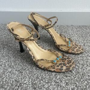 Vintage Y2K BCBG Sandals Stiletto Heels Women 7 Cheetah Turquoise Open Toe Boho